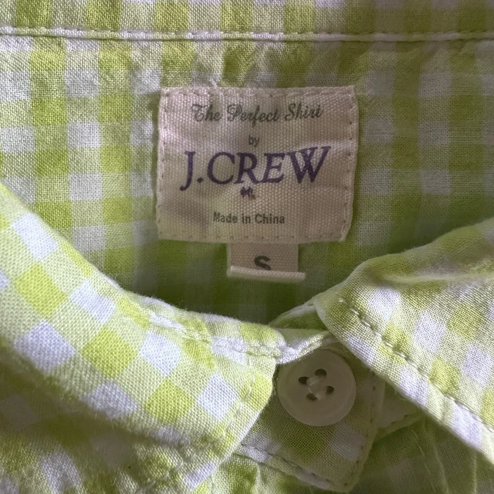 J.Crew Perfect Shirt Lime Green Gingham Button Down Cotton Top Size Small